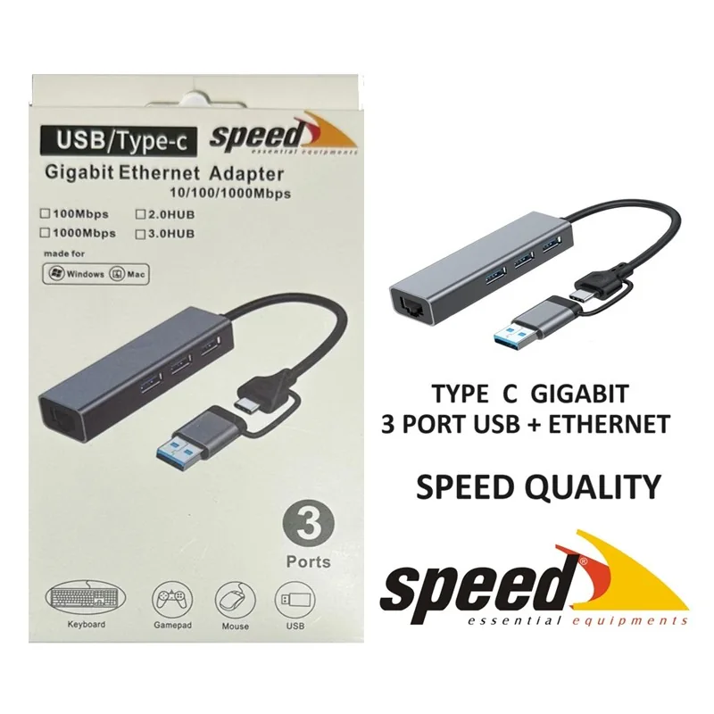 SPEED SP-UET01 USB3.0/TYPE-C 3 PORT USB 3.0 ÇOKLAYICI GIGABIT ETHERNET DÖNÜŞTÜRÜCÜ